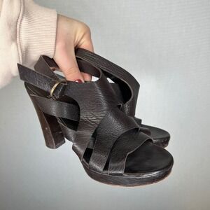 Michel Perry Women Dark Brown Leather Strappy Platform Block Heel Sandal Size 37